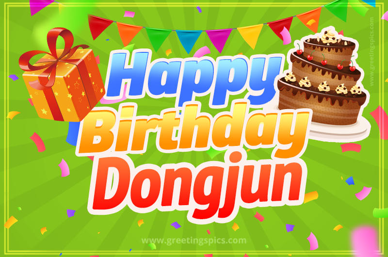 Happy Birthday Dongjun picture with flags, chocolate cake and gift box