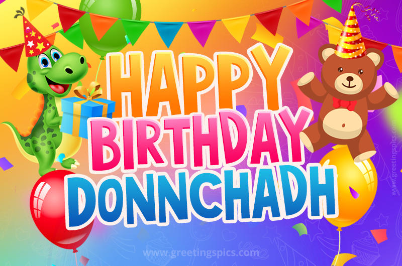 Happy Birthday Donnchadh Image for a child with cute baby dinosaur and bear