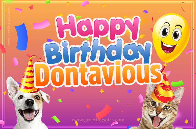 Happy Birthday Dontavious Funny Image with cat and dog