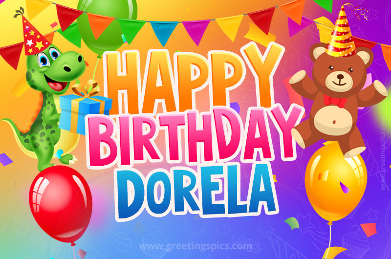 Happy Birthday Dorela Image for a child with cute dinosaur and bear