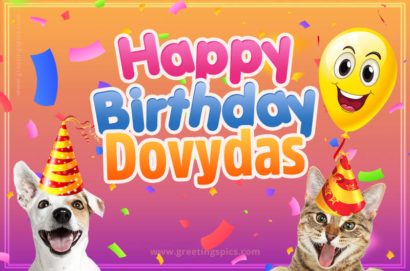 Happy Birthday Dovydas Funny Image with cat and dog