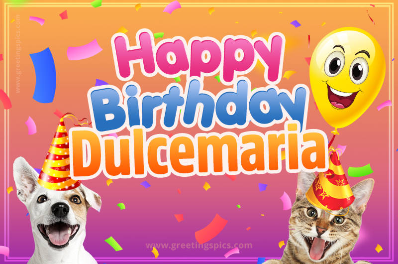 Happy Birthday Dulcemaria Funny Image with cat and dog