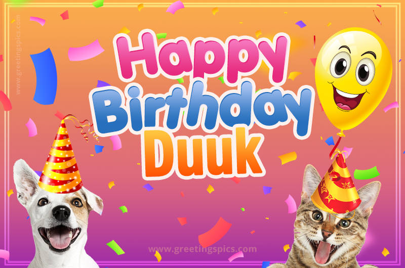 Happy Birthday Duuk Funny Image with cat and dog