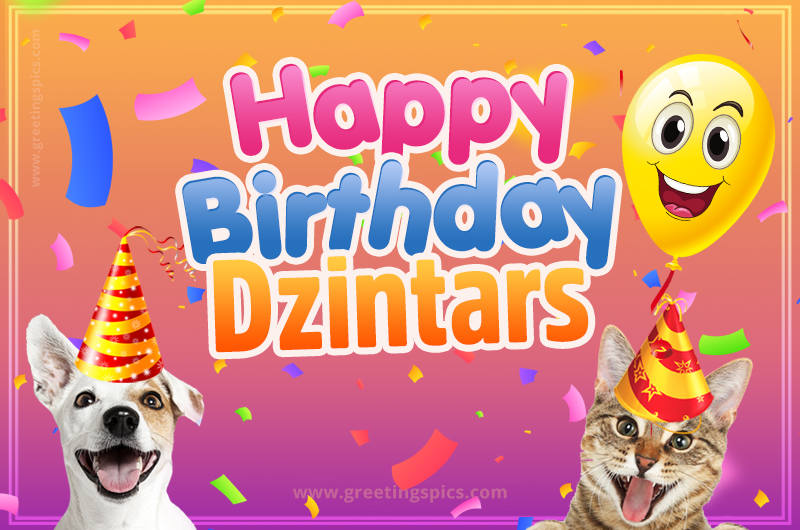 Happy Birthday Dzintars Funny Image with cat and dog