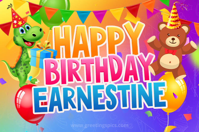 Happy Birthday Earnestine Image for a child with cute dinosaur and bear