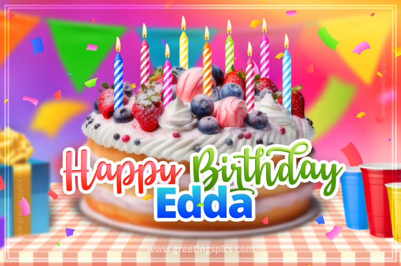 Happy Birthday Edda Colorful Image with fruit cake and candles