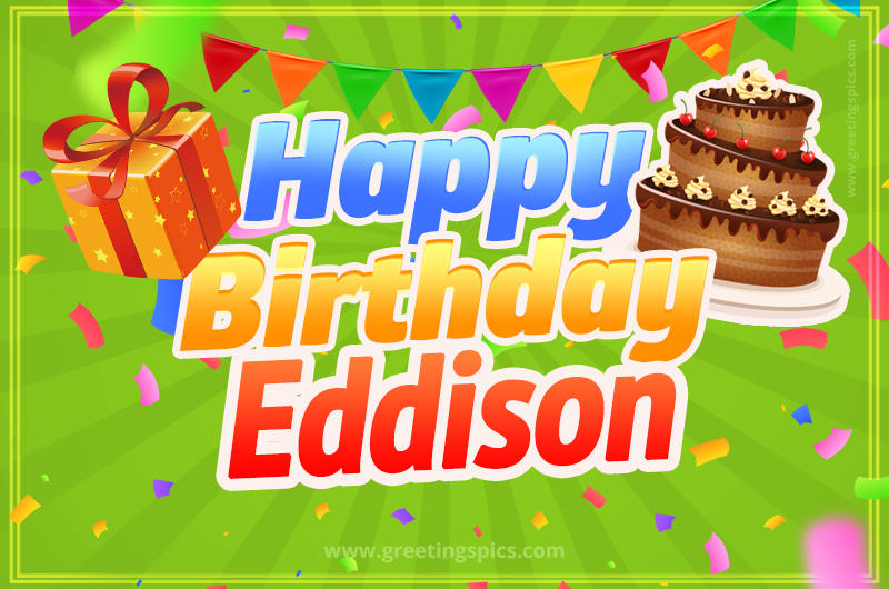 Happy Birthday Eddison picture with flags, chocolate cake and gift box