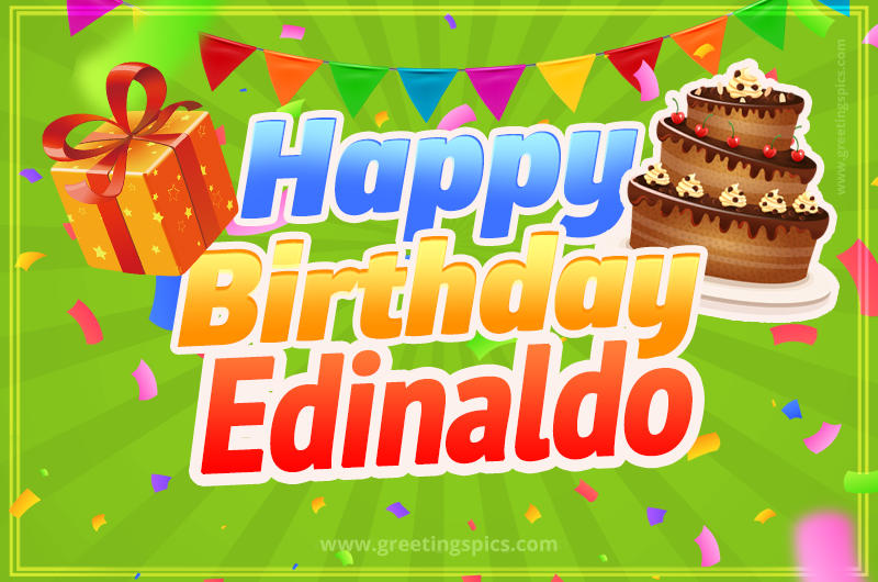 Happy Birthday Edinaldo picture with flags, chocolate cake and gift box