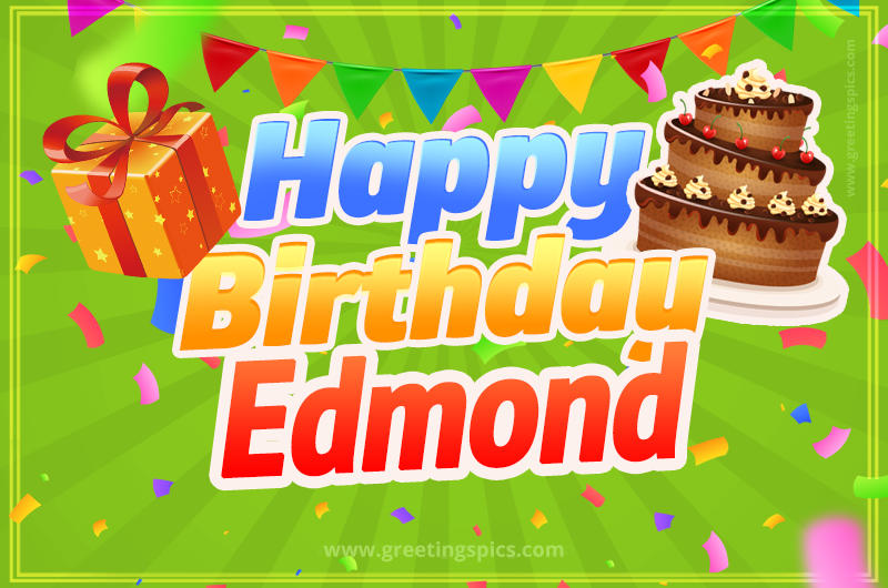 Happy Birthday Edmond picture with flags, chocolate cake and gift box