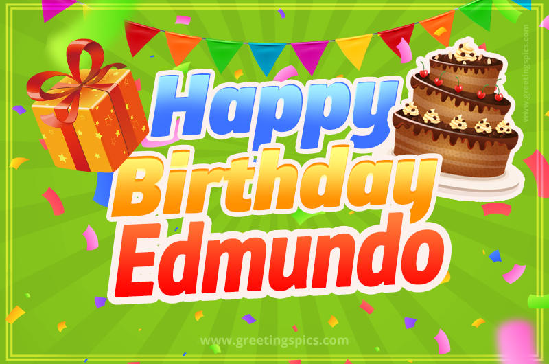 Happy Birthday Edmundo picture with flags, chocolate cake and gift box