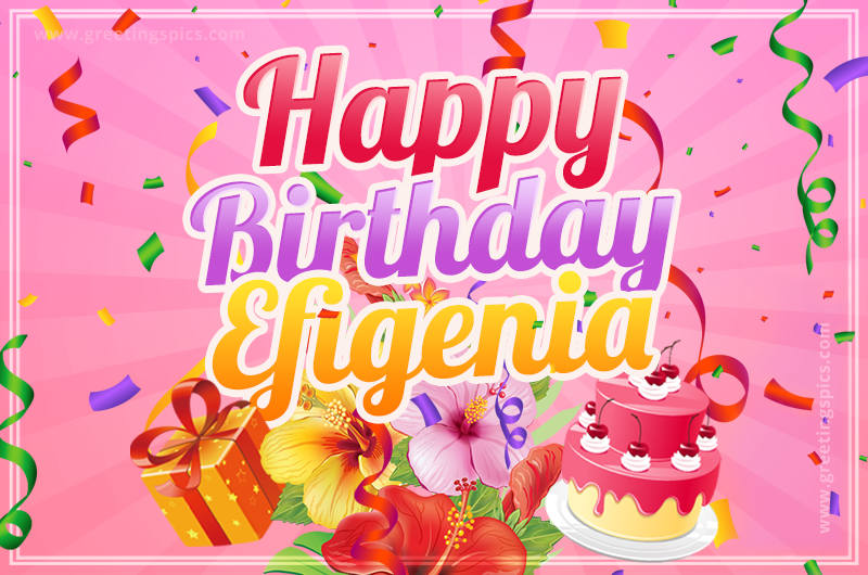 Beautiful Birthday Card for Efigenia with Cake and bouquet of flowers