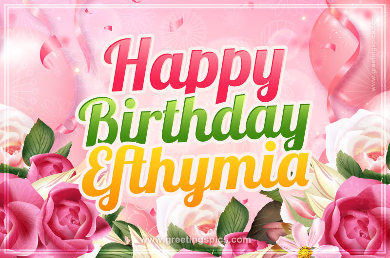 Image with gentle pink background and flowers Happy Birthday Efthymia