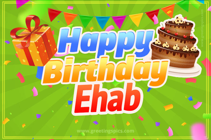 Happy Birthday Ehab picture with flags, chocolate cake and gift box