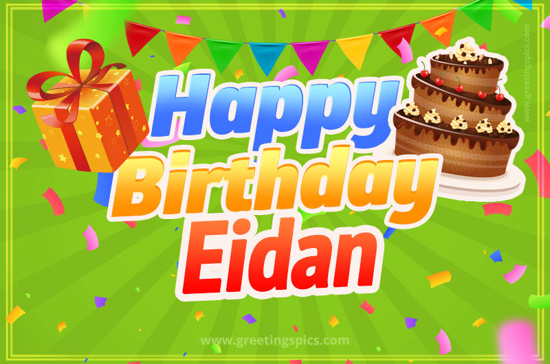 Happy Birthday Eidan picture with flags, chocolate cake and gift box