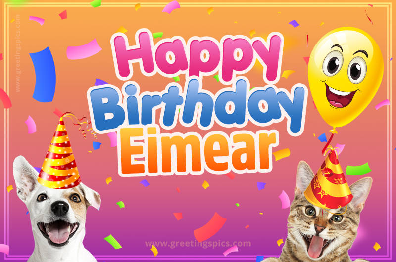 Happy Birthday Eimear Funny Image with cat and dog