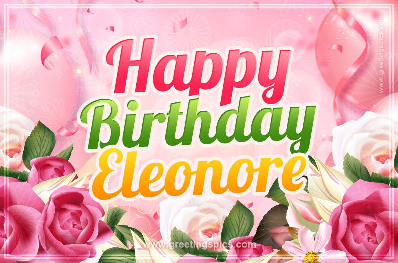 Image with gentle pink background and flowers Happy Birthday Eleonore