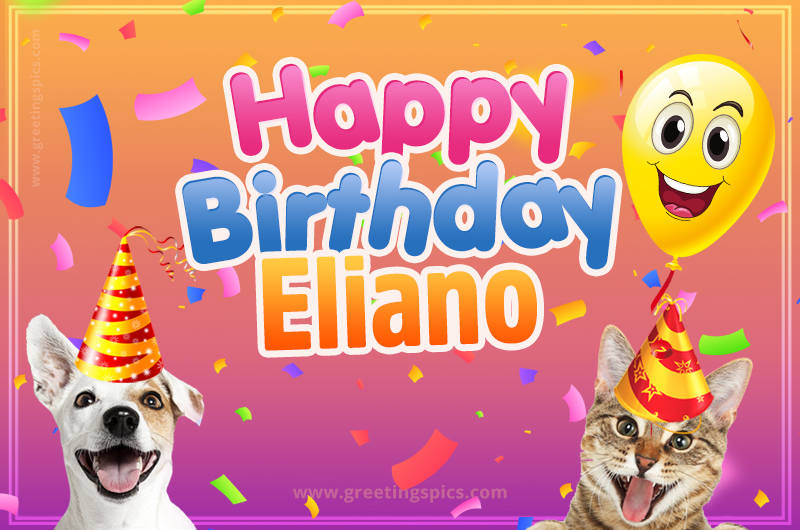 Happy Birthday Eliano Funny Image with cat and dog