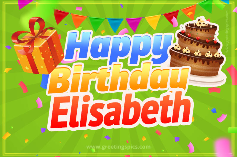 Happy Birthday Elisabeth picture with flags, chocolate cake and gift box