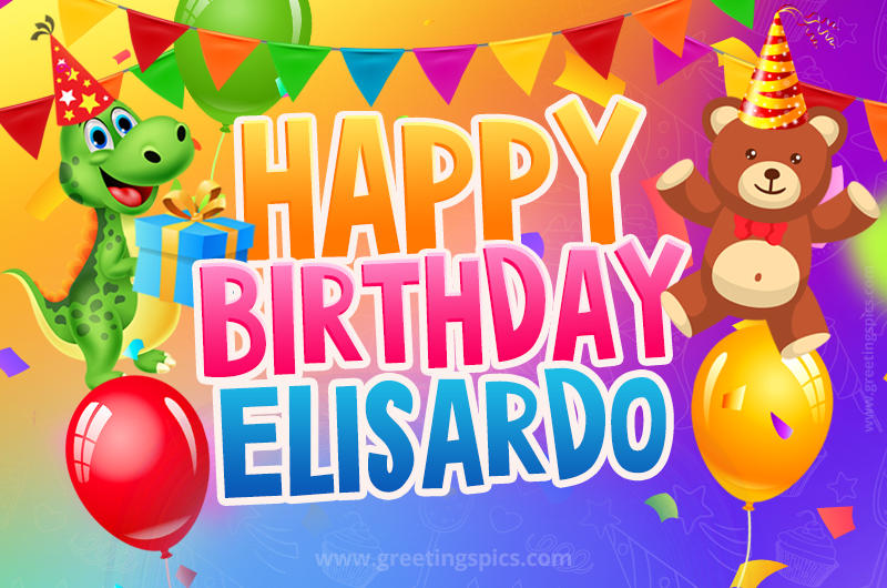 Happy Birthday Elisardo Image for a child with cute baby dinosaur and bear