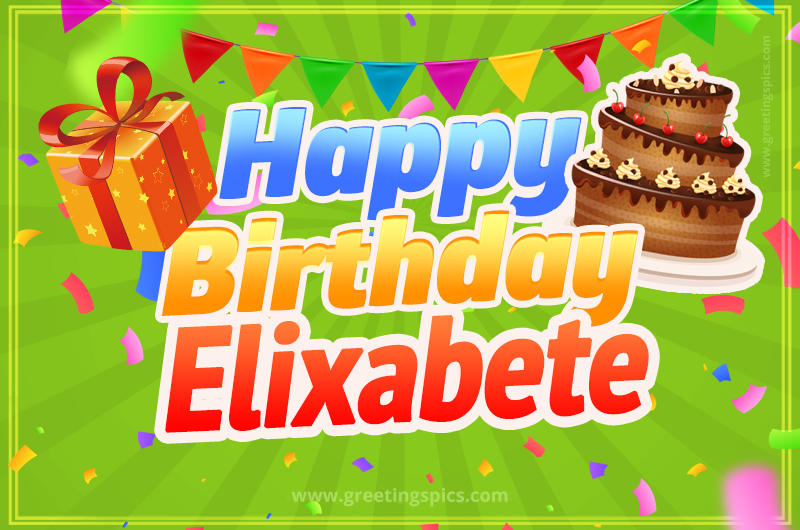 Happy Birthday Elixabete picture with flags, chocolate cake and gift box