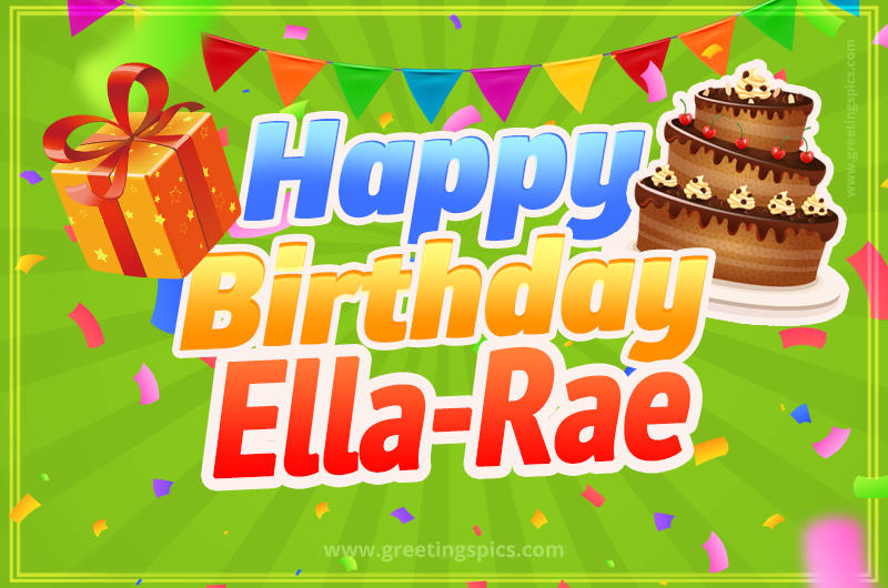 Happy Birthday Ella-Rae picture with flags, chocolate cake and gift box