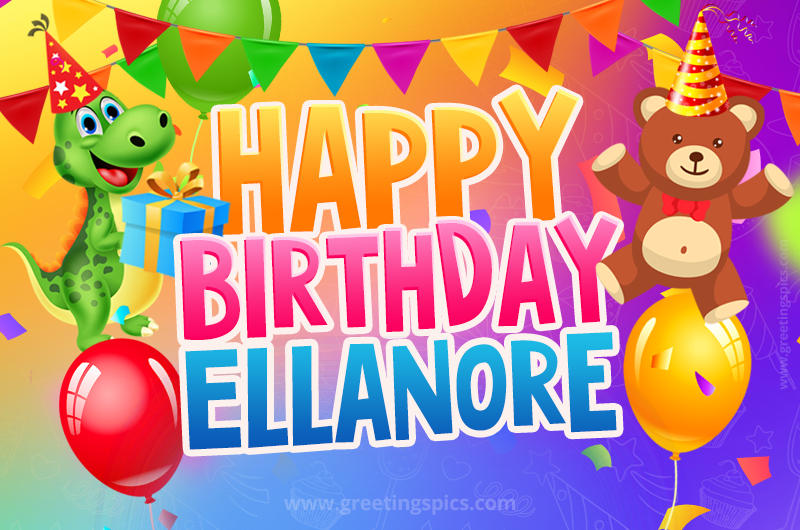 Happy Birthday Ellanore Image for a child with cute dinosaur and bear