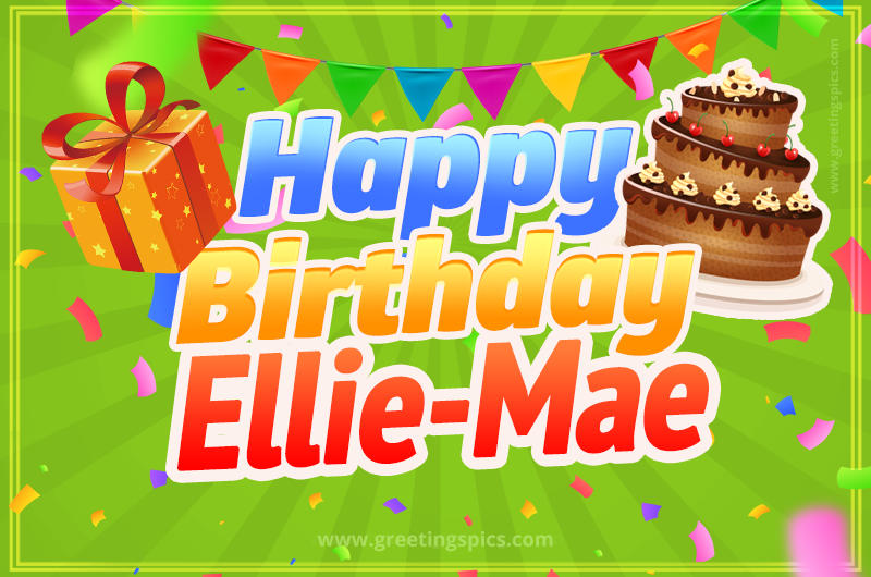 Happy Birthday Ellie-Mae picture with flags, chocolate cake and gift box