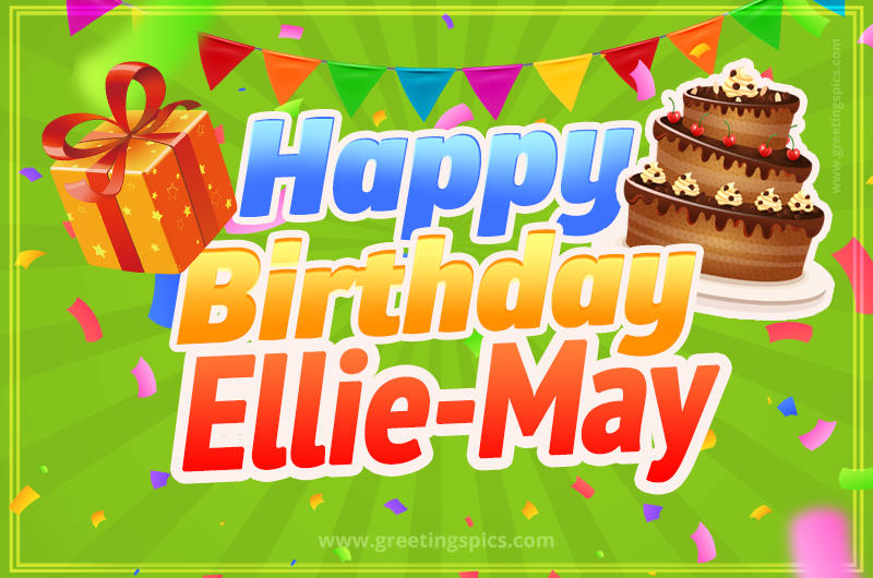 Happy Birthday Ellie-May picture with flags, chocolate cake and gift box