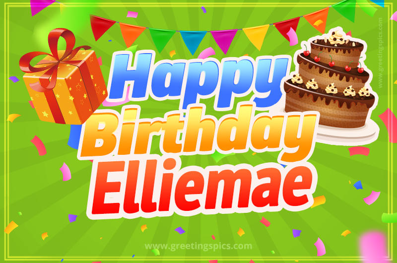 Happy Birthday Elliemae picture with flags, chocolate cake and gift box