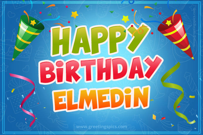 Happy Birthday Elmedin picture with confetti and party poppers