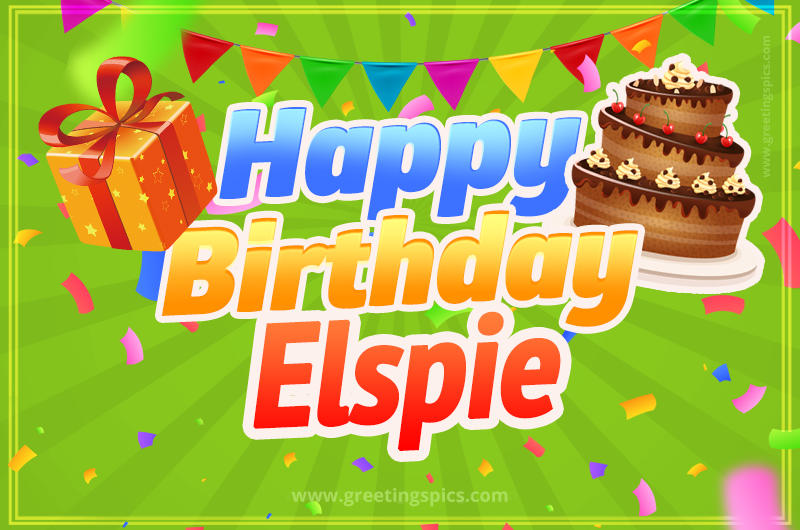 Happy Birthday Elspie picture with flags, chocolate cake and gift box