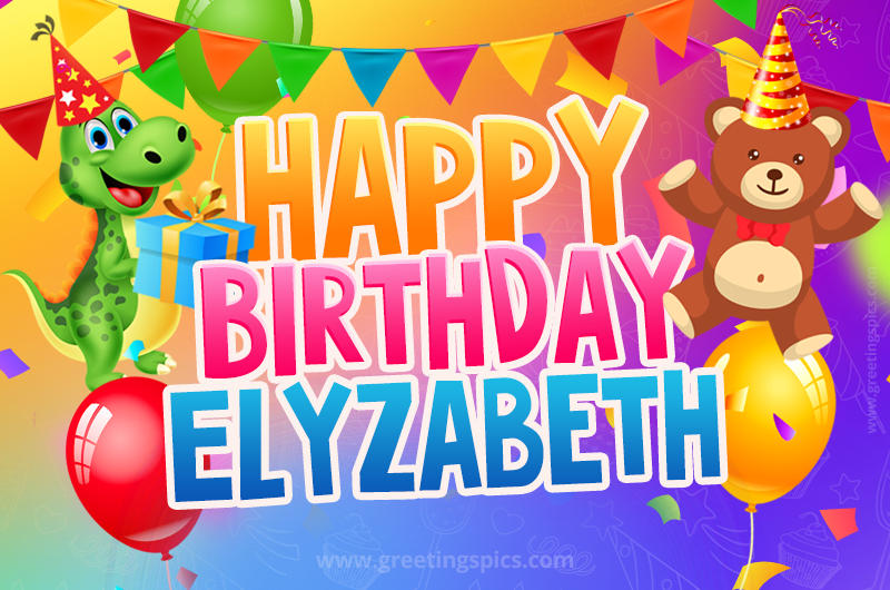 Happy Birthday Elyzabeth Image for a child with cute dinosaur and bear