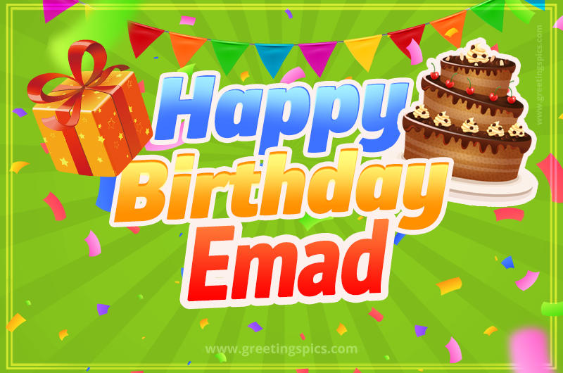 Happy Birthday Emad picture with flags, chocolate cake and gift box