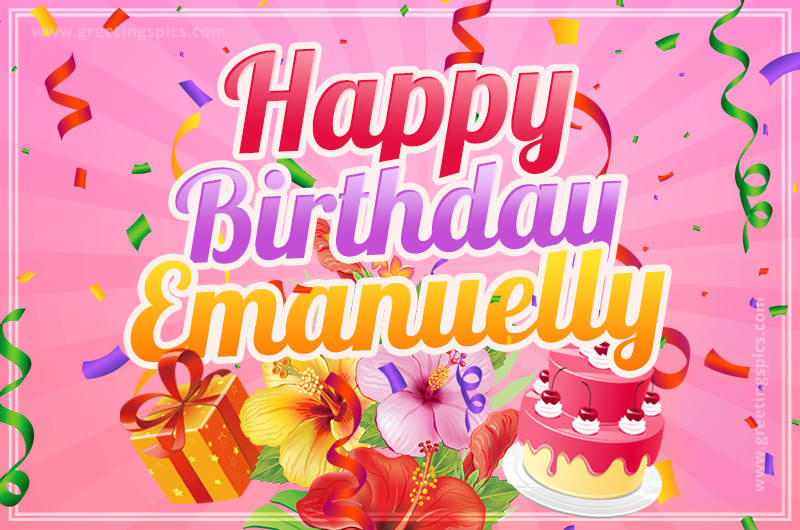 Beautiful Birthday Card for Emanuelly with Cake and bouquet of flowers