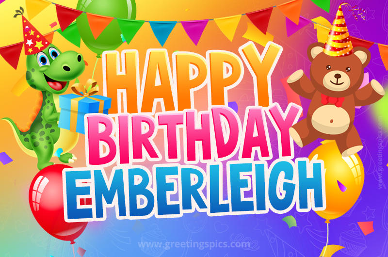 Happy Birthday Emberleigh Image for a child with cute dinosaur and bear