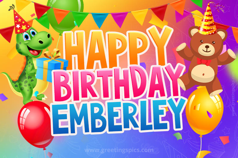 Happy Birthday Emberley Image for a child with cute dinosaur and bear