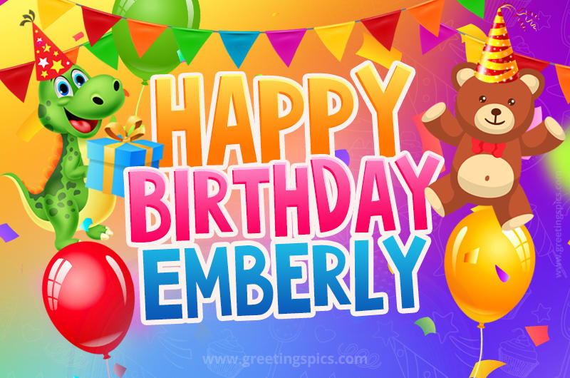 Happy Birthday Emberly Image for a child with cute dinosaur and bear