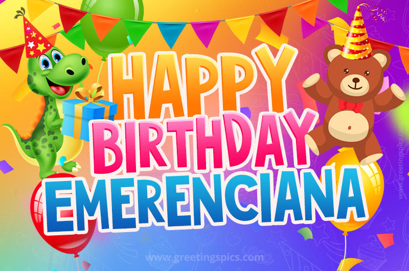 Happy Birthday Emerenciana Image for a child with cute dinosaur and bear