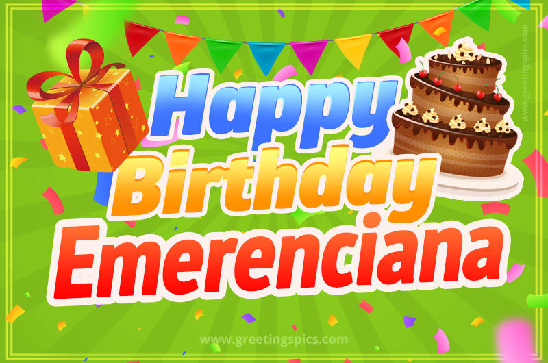 Happy Birthday Emerenciana picture with flags, chocolate cake and gift box