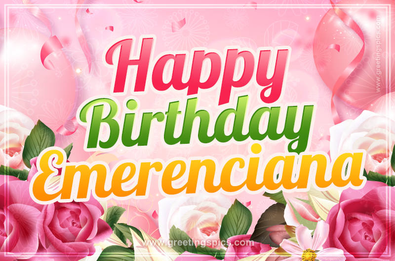 Image with gentle pink background and flowers Happy Birthday Emerenciana