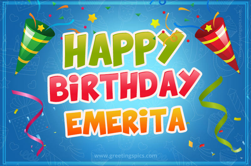 Happy Birthday Emerita picture with confetti and party poppers