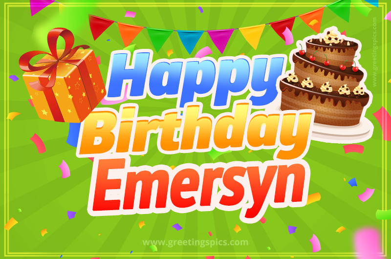 Happy Birthday Emersyn picture with flags, chocolate cake and gift box