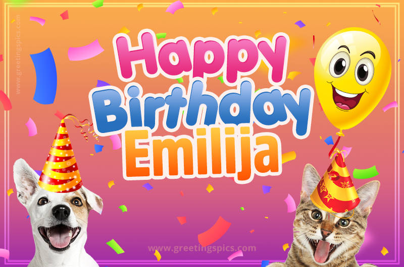 Happy Birthday Emilija Funny Image with cat and dog