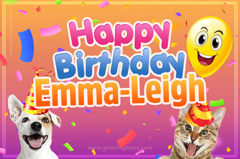 Happy Birthday Emma-Leigh Funny Image with cat and dog