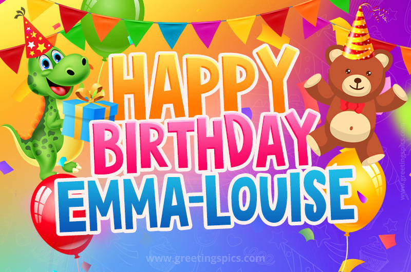 Happy Birthday Emma-Louise Image for a child with cute dinosaur and bear