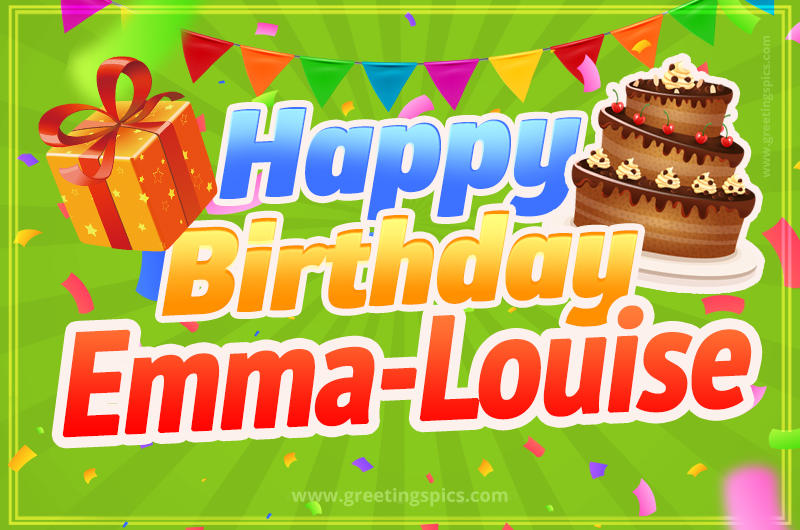 Happy Birthday Emma-Louise picture with flags, chocolate cake and gift box