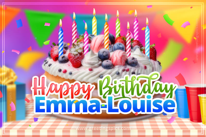 Happy Birthday Emma-Louise Colorful Image with fruit cake and candles