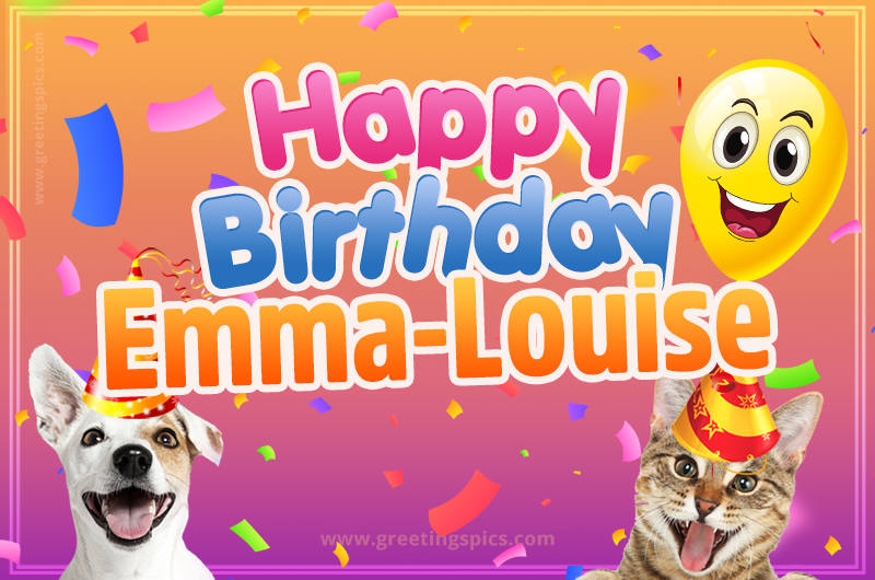 Happy Birthday Emma-Louise Funny Image with cat and dog