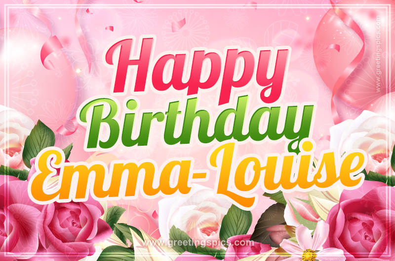 Image with gentle pink background and flowers Happy Birthday Emma-Louise