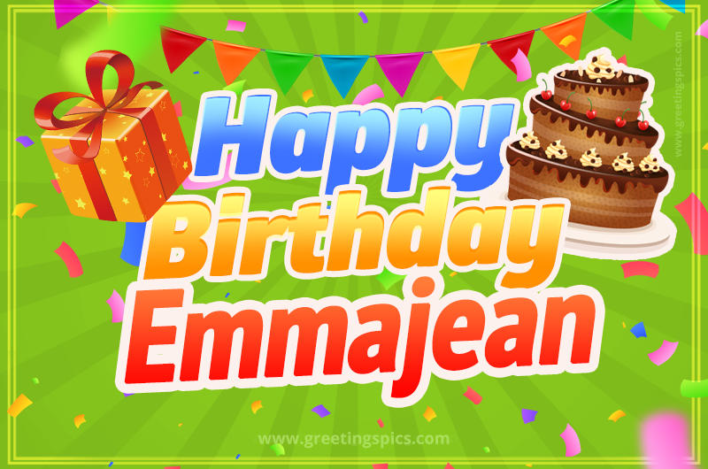 Happy Birthday Emmajean picture with flags, chocolate cake and gift box